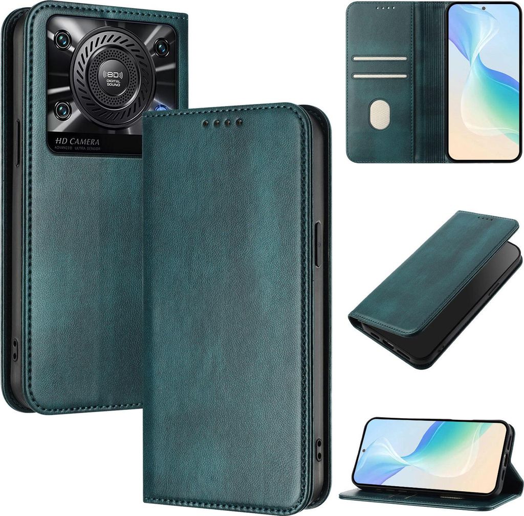Handyhülle für Oukitel C60, Vintage Leder RFID Schutz Kartenfach Standfunktion Magnetische Klapphülle Grün