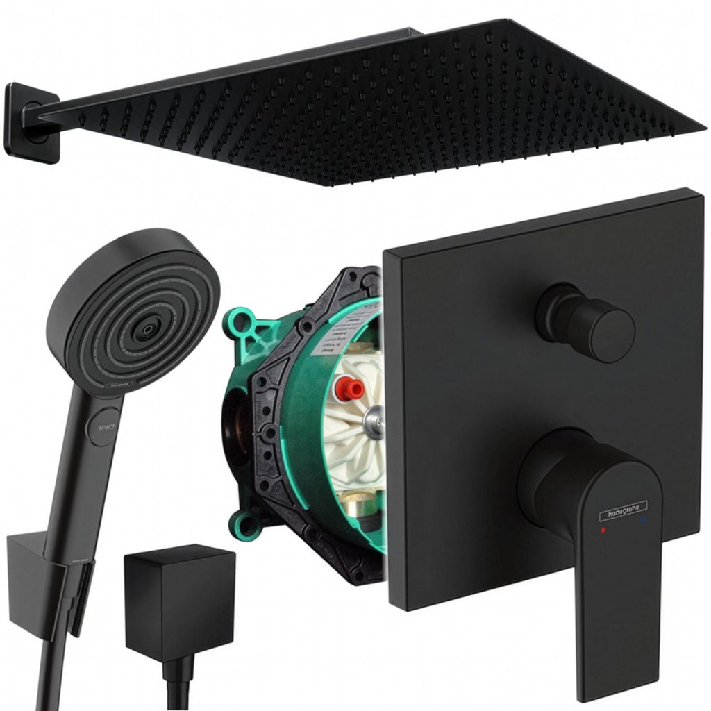 Hansgrohe und Jowi Unterputz Duschsystem Schwarz, 360mm Kopfbrause, Vernis Shape, Pulsify Select S, Duscharmatur