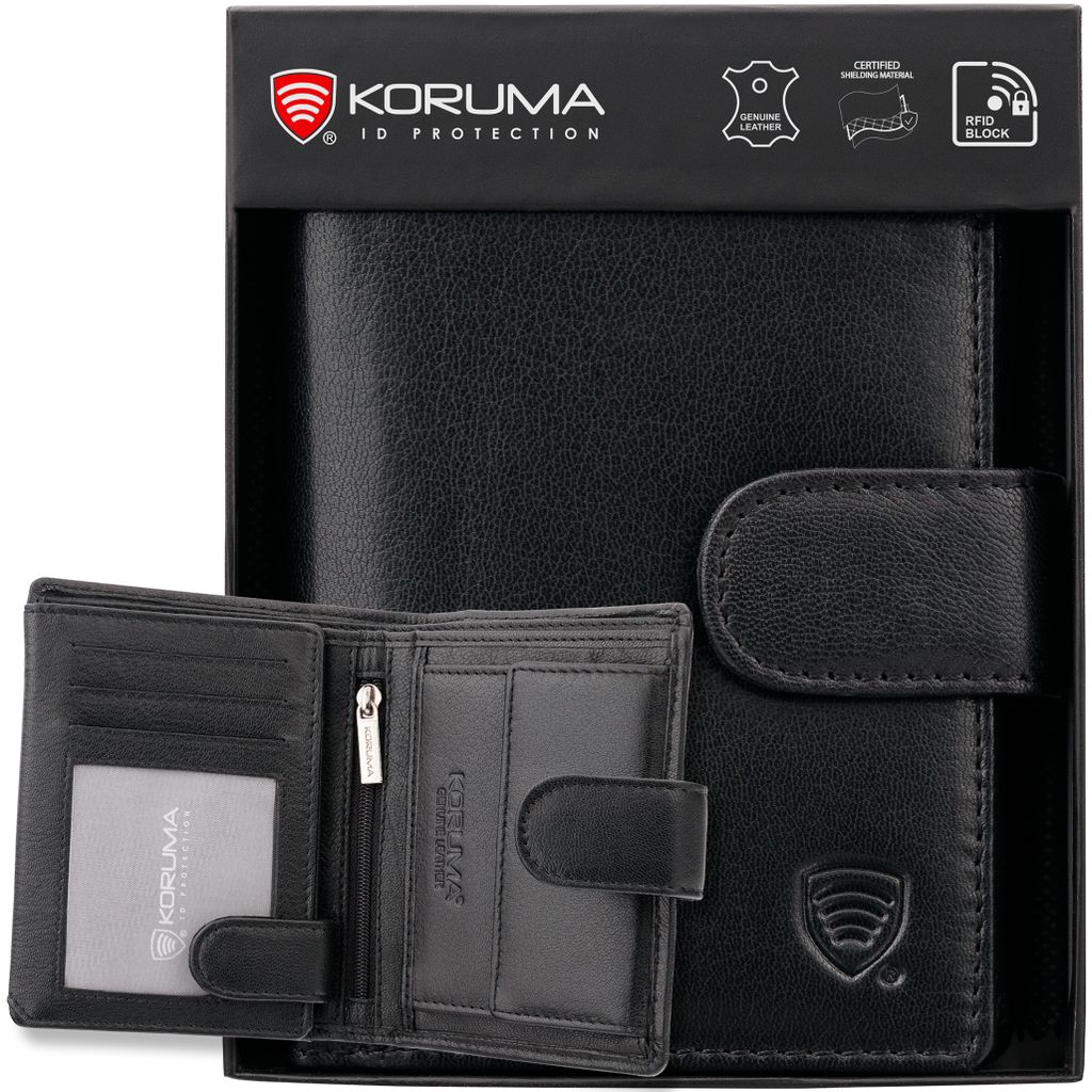 A black leather wallet is displayed in its packaging, with an open view of its interior compartments.