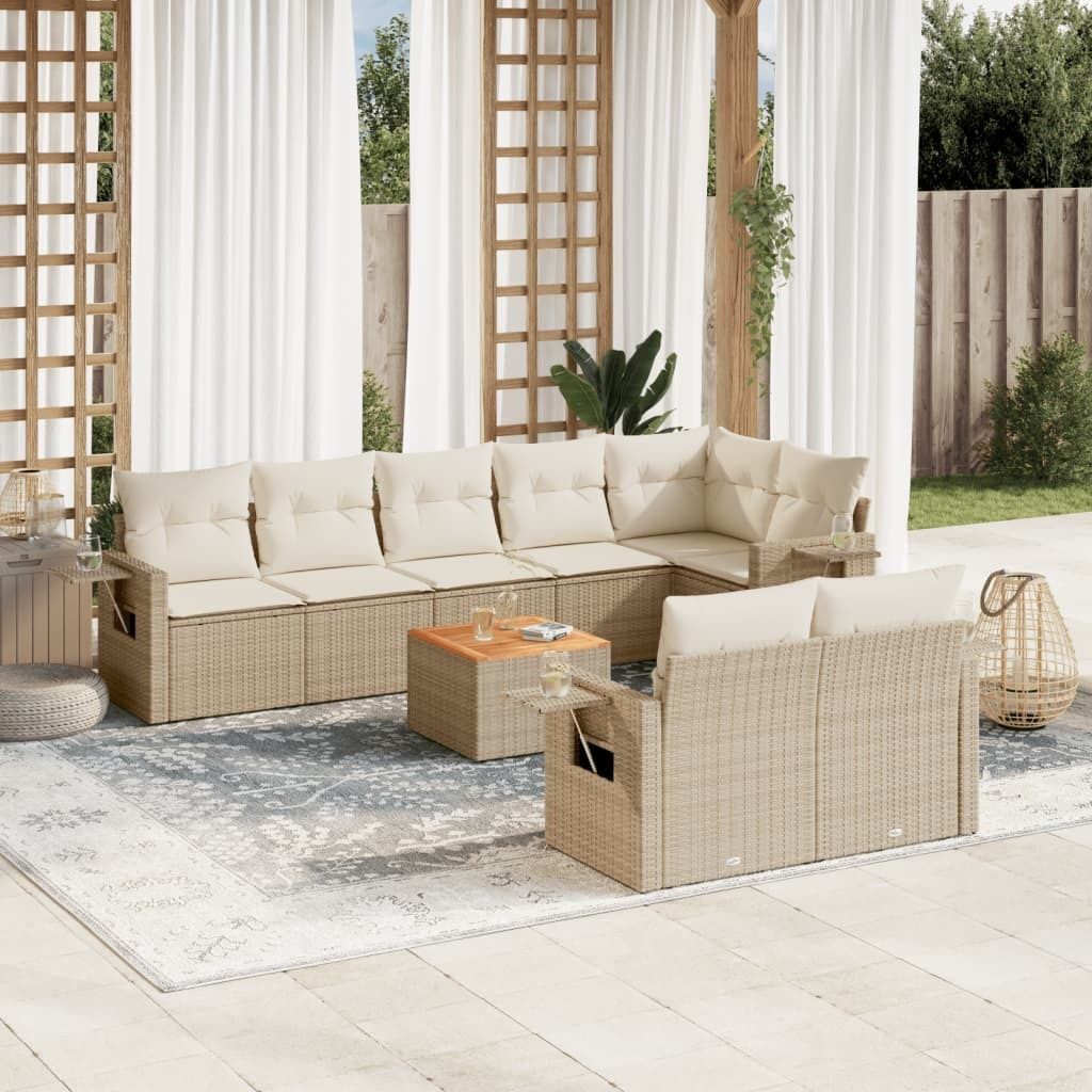 Design 9-tlg. Garten-Sofagarnitur mit Kissen Beige Poly Rattan, Gartensofas 2024 Neu