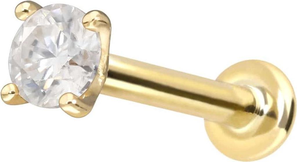 Ohrpiercing, Nasenpiercing 14 Karat Gold Labret mit Push Fit MOISSANIT Gold Stablänge: 7mm | Stabstärke: 1mm | Kristallgröße: 3mm
