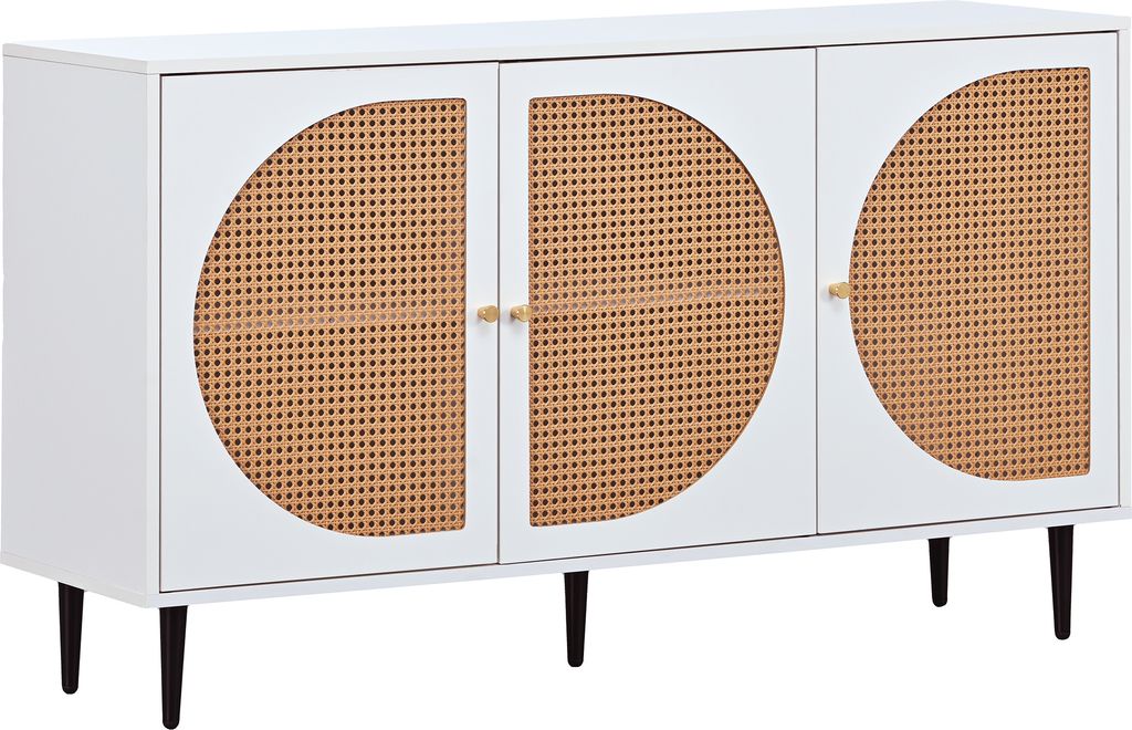 Sideboard mit 3 Rattan verzierten Türen Kommode mit Metallgriffe Schlafzimmerschrank Wohnräumeschrank Büroschrank Weiß 129.8x 40x 76cm