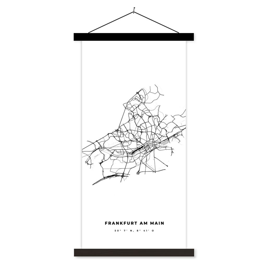 MuchoWow Textilposter Deutschland - Frankfurt am Main - Stadtplan - Karte - Schwarz-weiß - Karte 60x120 cm mit schwarzem Rahmen - Magnete