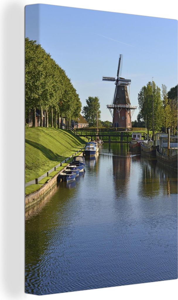 OneMillionCanvasses - Leinwandbilder - 90x140 cm, Dokkum - Mühle - Boot, Wandbilder Kunstdruck Wanddekoration - Foto auf Leinwand - Gemälde auf...