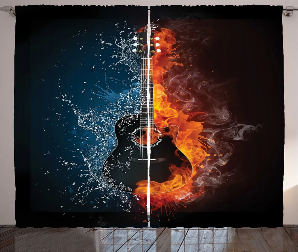 Rideau à fronces ABAKUHAUS Guitare motif eau et feu gris - 280 x 225 cm