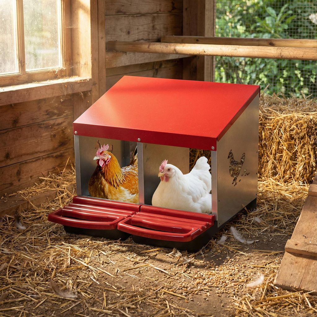 GIHAUVIA Hühnernistkasten 2 Fächer Stabiler und korrosionsbeständiger Nistkasten aus Metall mit geneigten Nistkästen Bodenlöchern und Ruheplat...