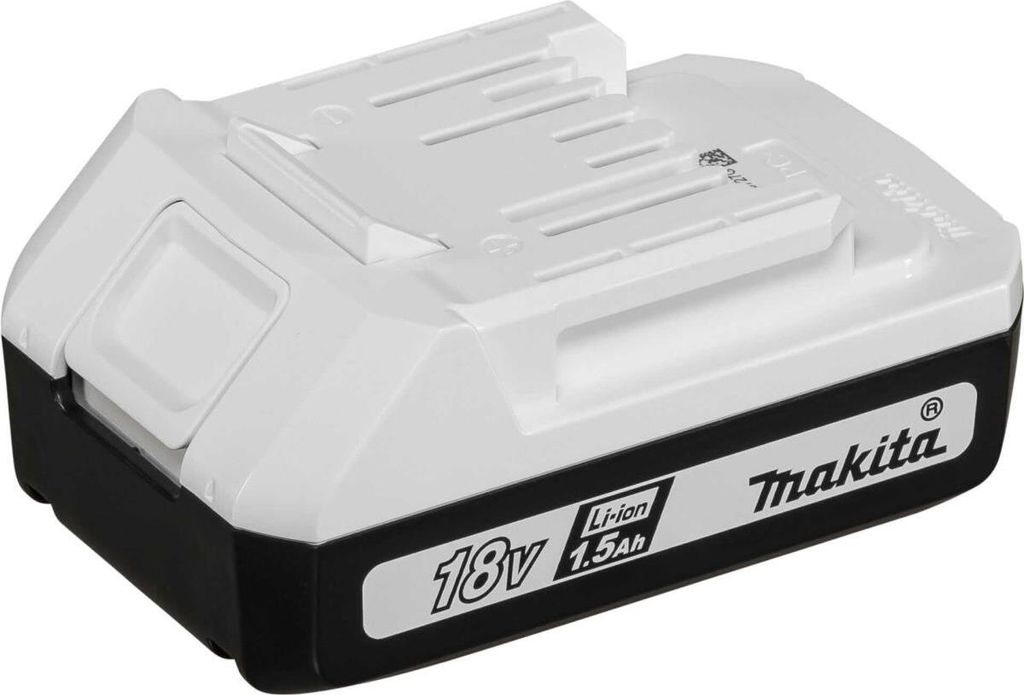 A white and black Makita 18V 1.5Ah Li-Ion battery pack is shown from a slightly elevated side angle against a white background.
