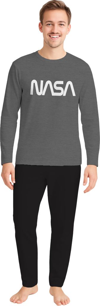 NASA Schlafanzug für Männer Pyjama Set Langarm Oberteil mit Hose Herren Grau/Schwarz L