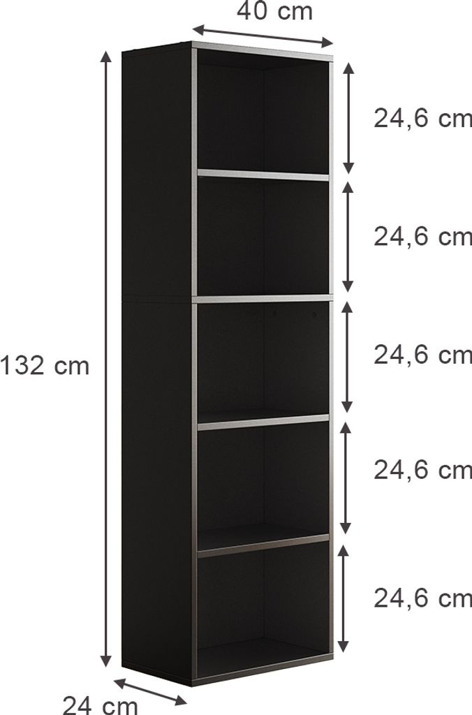 A diagram of a black bookshelf with dimensions indicated.