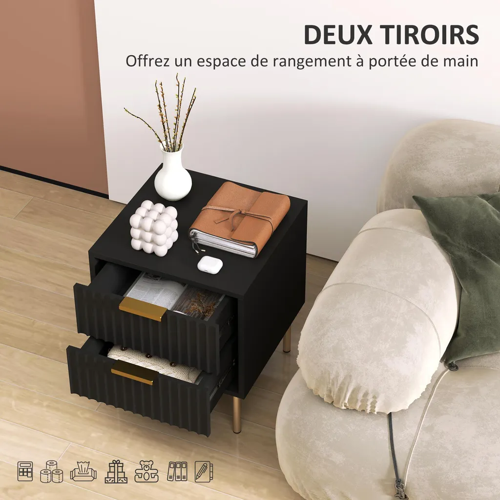 Table de nuit noire design cannelé, meuble de rangement 2 tiroirs chic