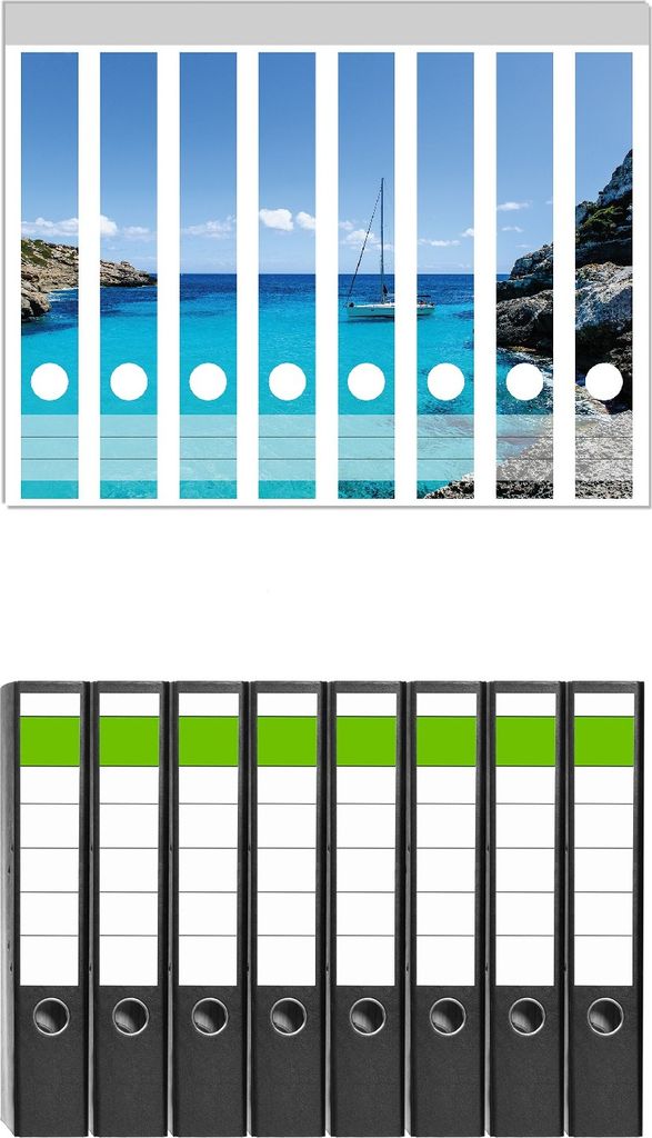 Wallario 8 Stück schmale Ordner inkl. Klebeetiketten mit Motive Segelboot in der Bucht - Set mit Rückenschildern / Ordnerrücken Stickern