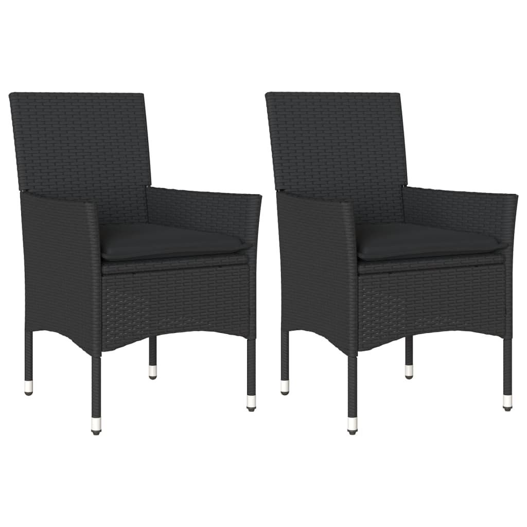 Two black poly rattan garden chairs with cushions, shown from the front on a white background.