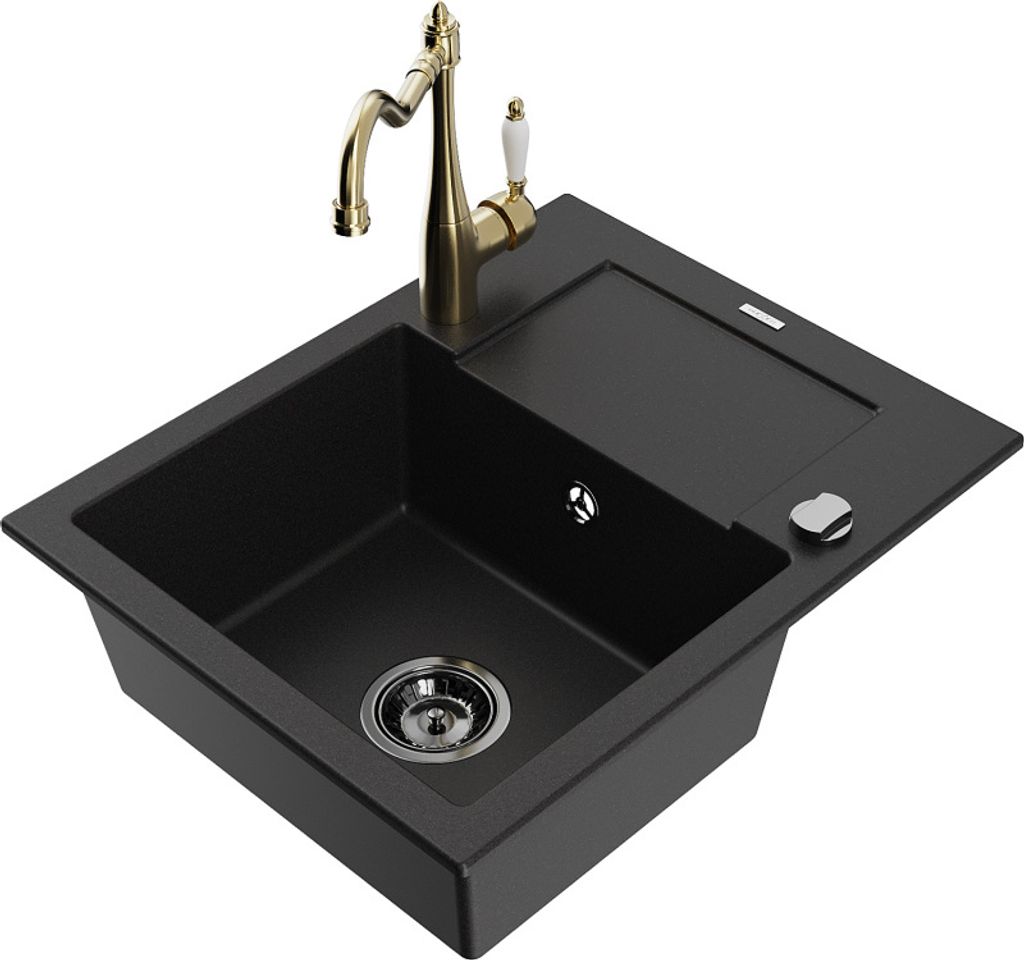 Mexen Enzo 1 Becken-Granitspüle mit Abtropffläche und Mischbatterie Carla, Schwarz - 6506-77-670700-50-B