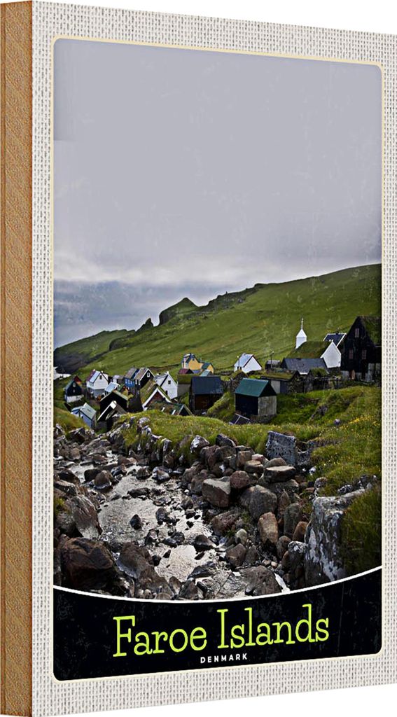 Holzschild Reise 20x30cm Dänemark Faroe Islands Häuser Wiese