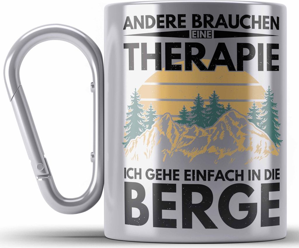 Trendation - Berge Edelstahl Tasse Karabiner Geschenk Therapie Lustig Spruch Wandern Klettern Trekking (Silber)