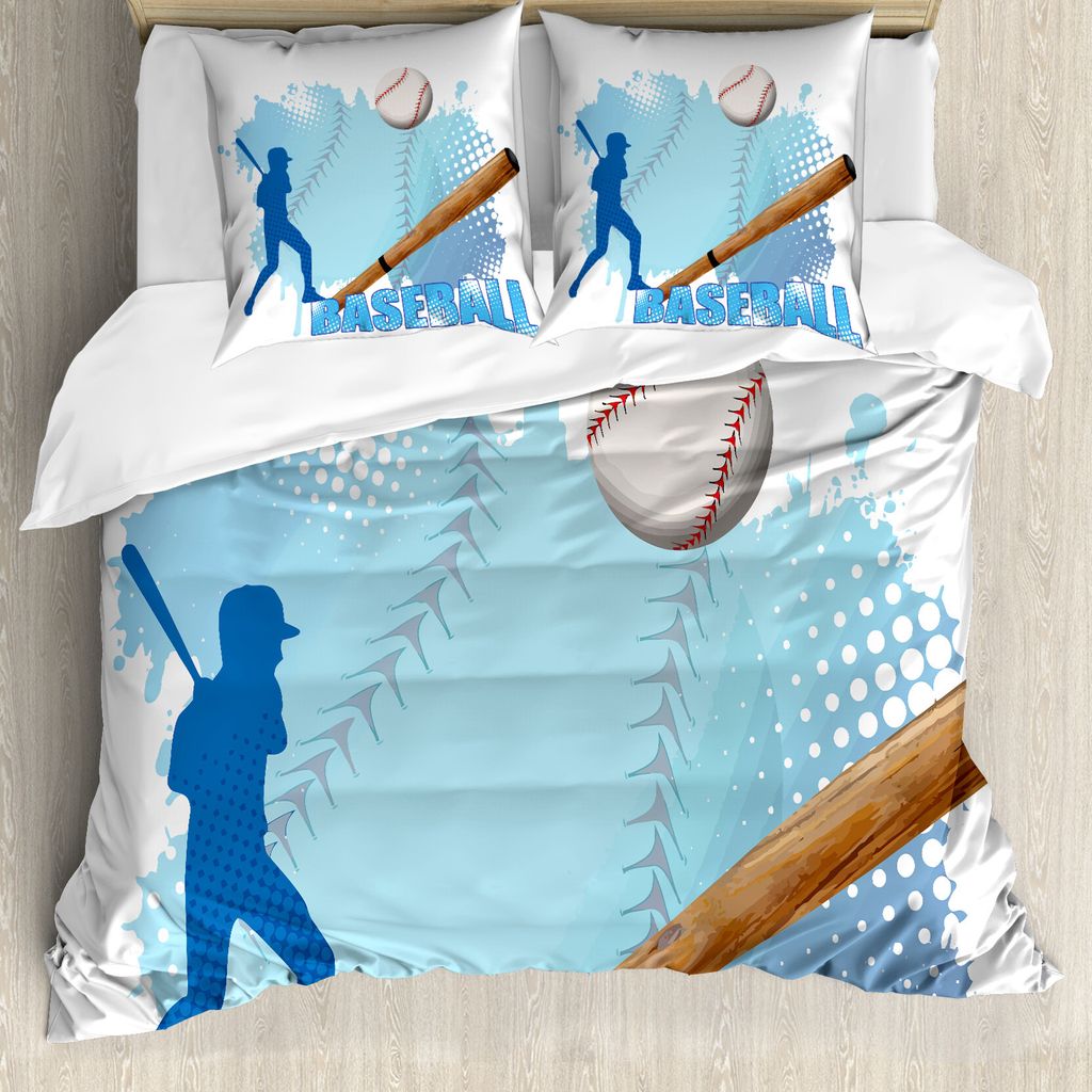 ABAKUHAUS Baseball Bettbezug, Baseball-Sport-Cartoon, Milbensicher Allergiker geeignet mit Kissenbezügen, 155 cm x 220 cm - 80 x 80 cm, Blau und w...