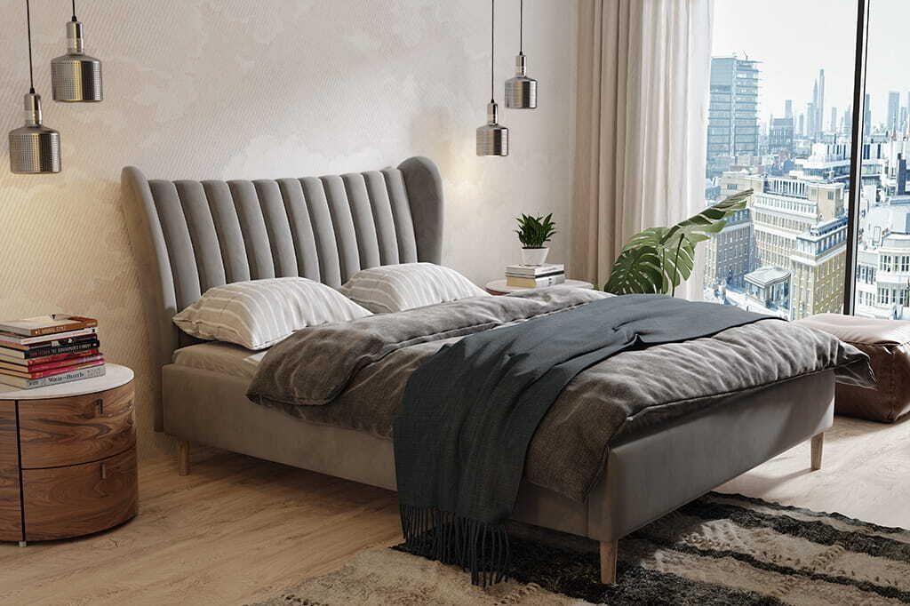 AGMAT Polsterbett OSLO mit Kopfteil, 180 x 200 cm, Doppelbett mit Bettkasten und Lattenrost aus Metall, Velourstoff: Grau