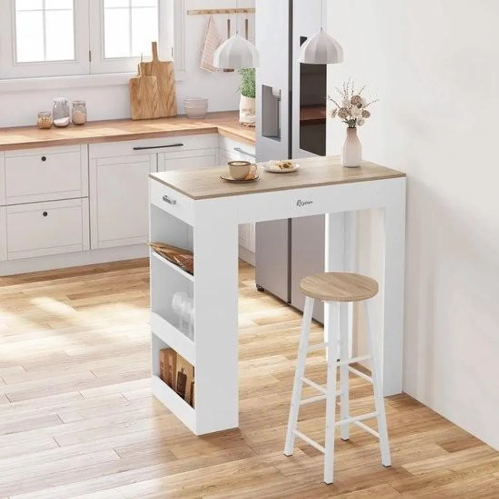 Îlot de cuisine 100 cm blanc et brun avec grand plan de travail bois