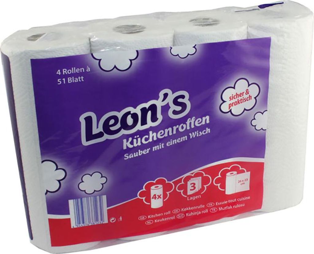 32 Küchenrollen 3-lagig "Leon's" Zellstoff, weiß – 51 Blatt (26x23cm) pro Rolle