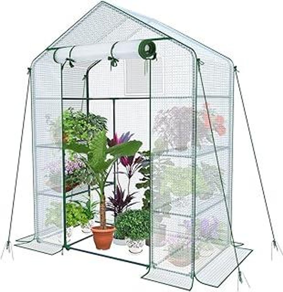 Gewächshaus Foliengewächshaus, begehbares Gartenhäuschen mit 4 Regalebenen, Tomatenhaus Tomatengewächshaus, Weiß 143x73x195cm