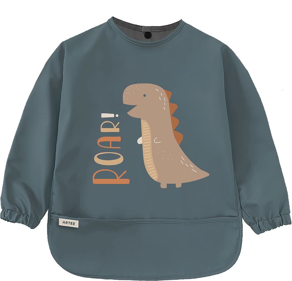 Ärmellätzchen Größe M mit Auffangtasche Baby und Kleinkind aus recyceltem Polyester Print Roar Dino Lätzchen