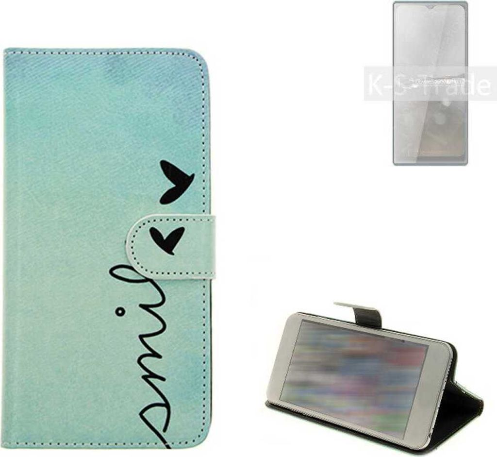 K-S-Trade Schutz Hülle Handy Hülle kompatibel mit Cubot P50 Hülle Handyhülle cover bookstyle Etui Handyhülle ''smile'' türkis Standfunktion