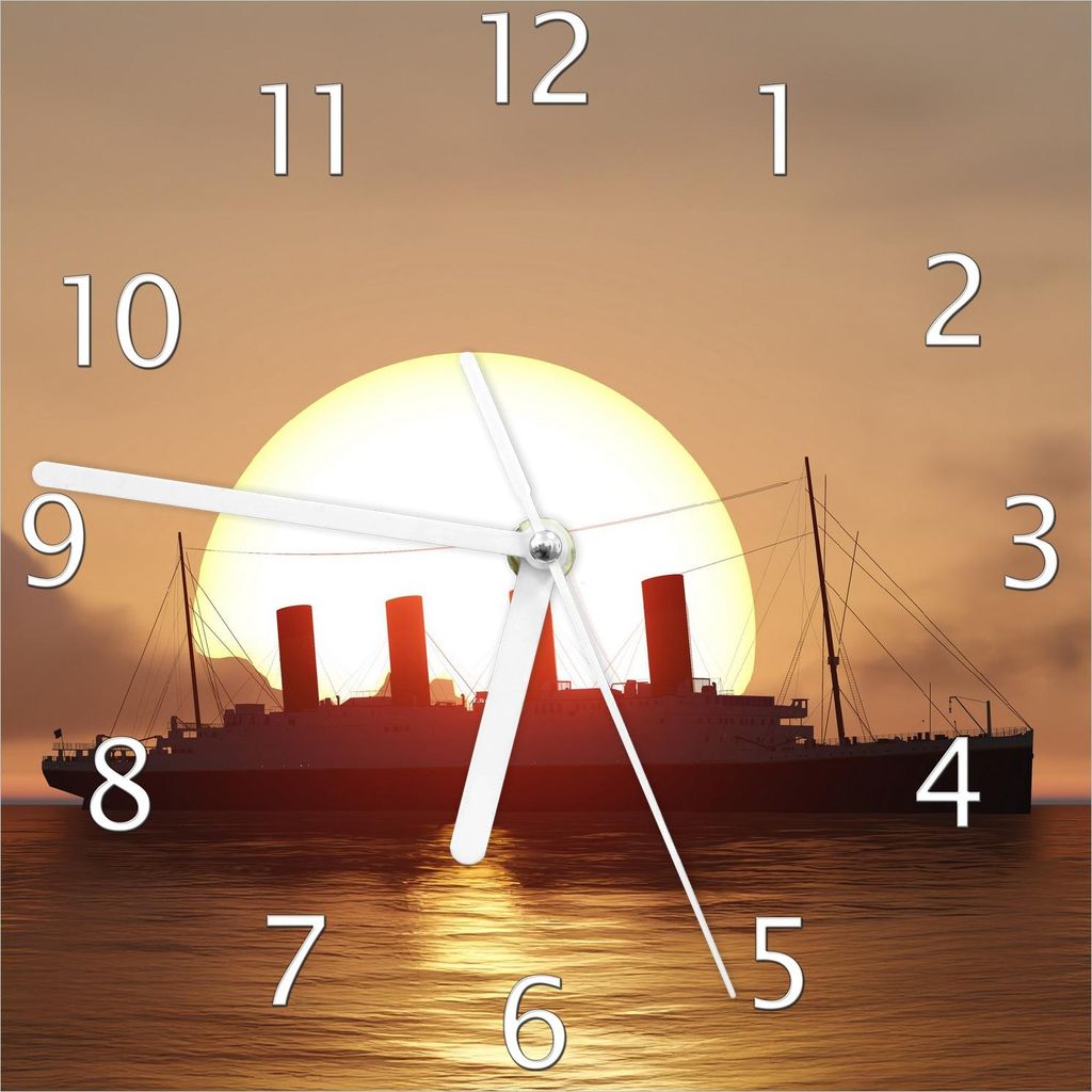 Wallario Design Wanduhr Ozeandampfer im Sonnenuntergang aus Echtglas, Größe 20 x 20 cm