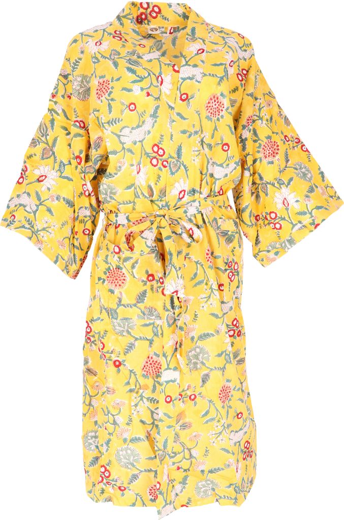 Kimono im Japan Style, Handbedruckter Oversize Baumwoll Kimono Mantel, Kimonokleid - Gelb, Damen, Mehrfarbig, Baumwolle, Größe: S/M