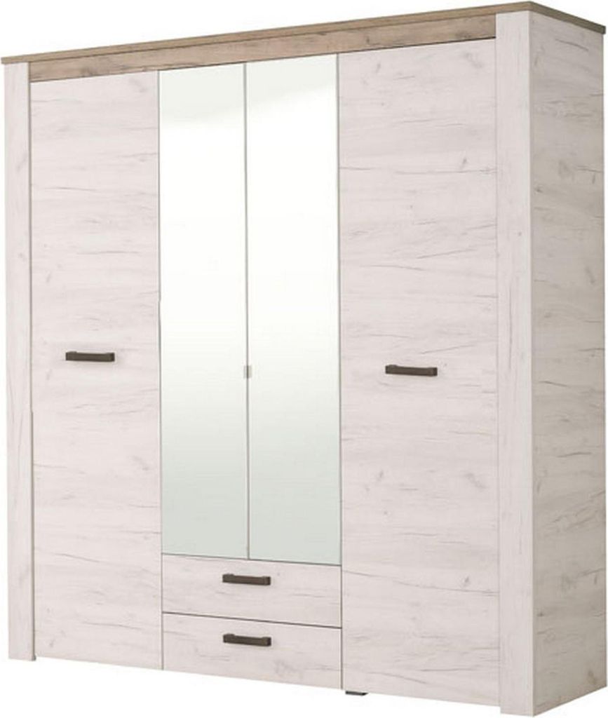 Großer Dmora Kleiderschrank Caiano 199x207h cm Weiß Lärche, 2 Schubladen, 5 Regale