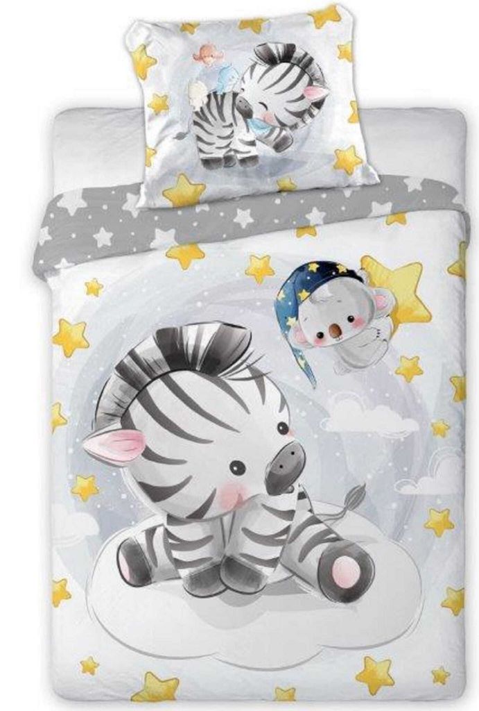 A baby bedding set with a cute zebra and koala illustration on a starry night background.