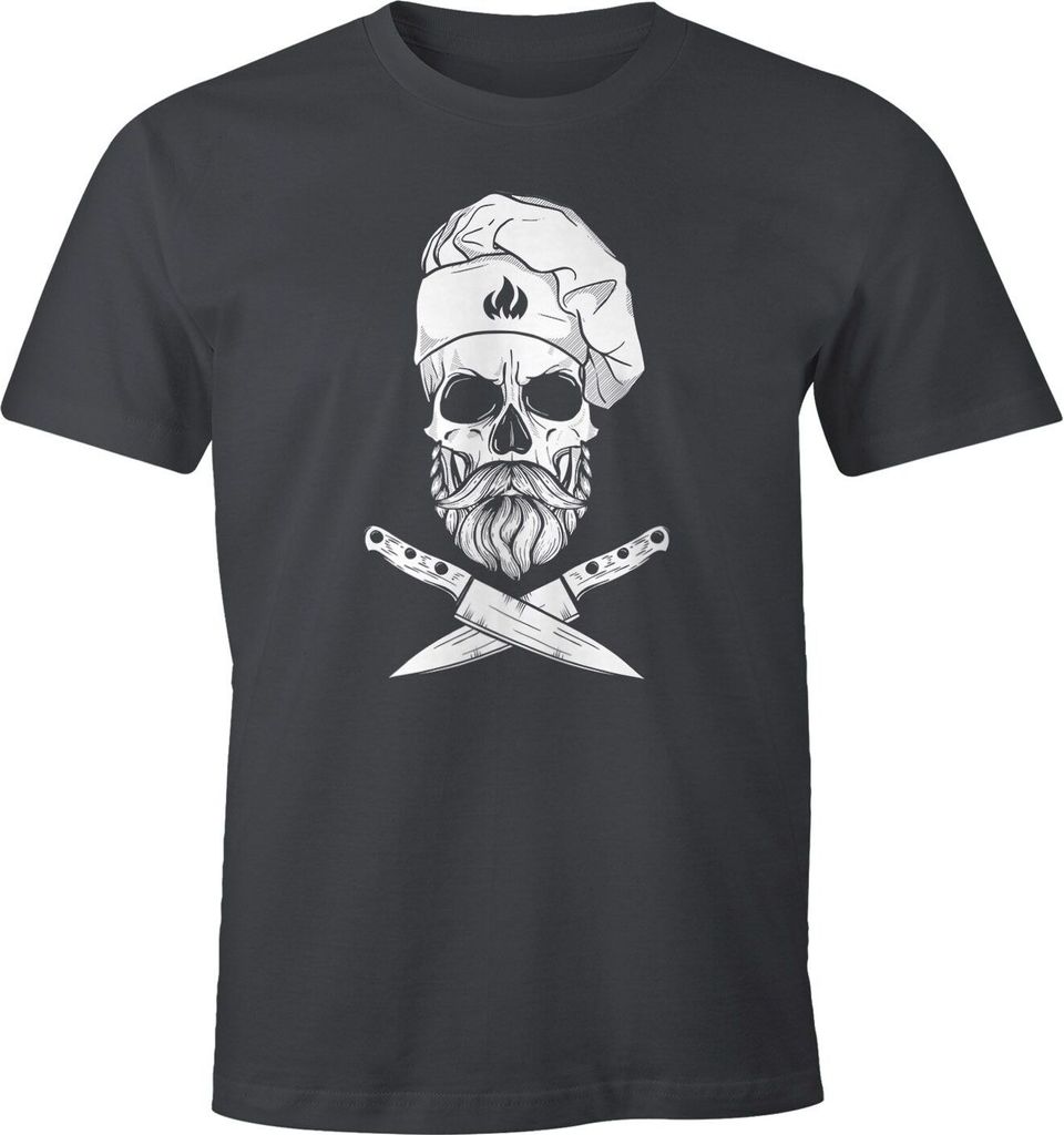 Herren T-Shirt Grillen Koch Totenkopf Messer Hipster Skull Chef Grill-Shirt Moonworks dunkelgrau L