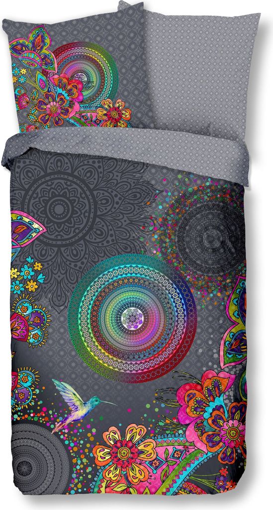 Hip Renforcé Bettwäsche - Inaya - bunte Mandalas mit Vogel und Blumen, grau 155 x 220 cm bunte Mandalas auf grauem Hintergrund