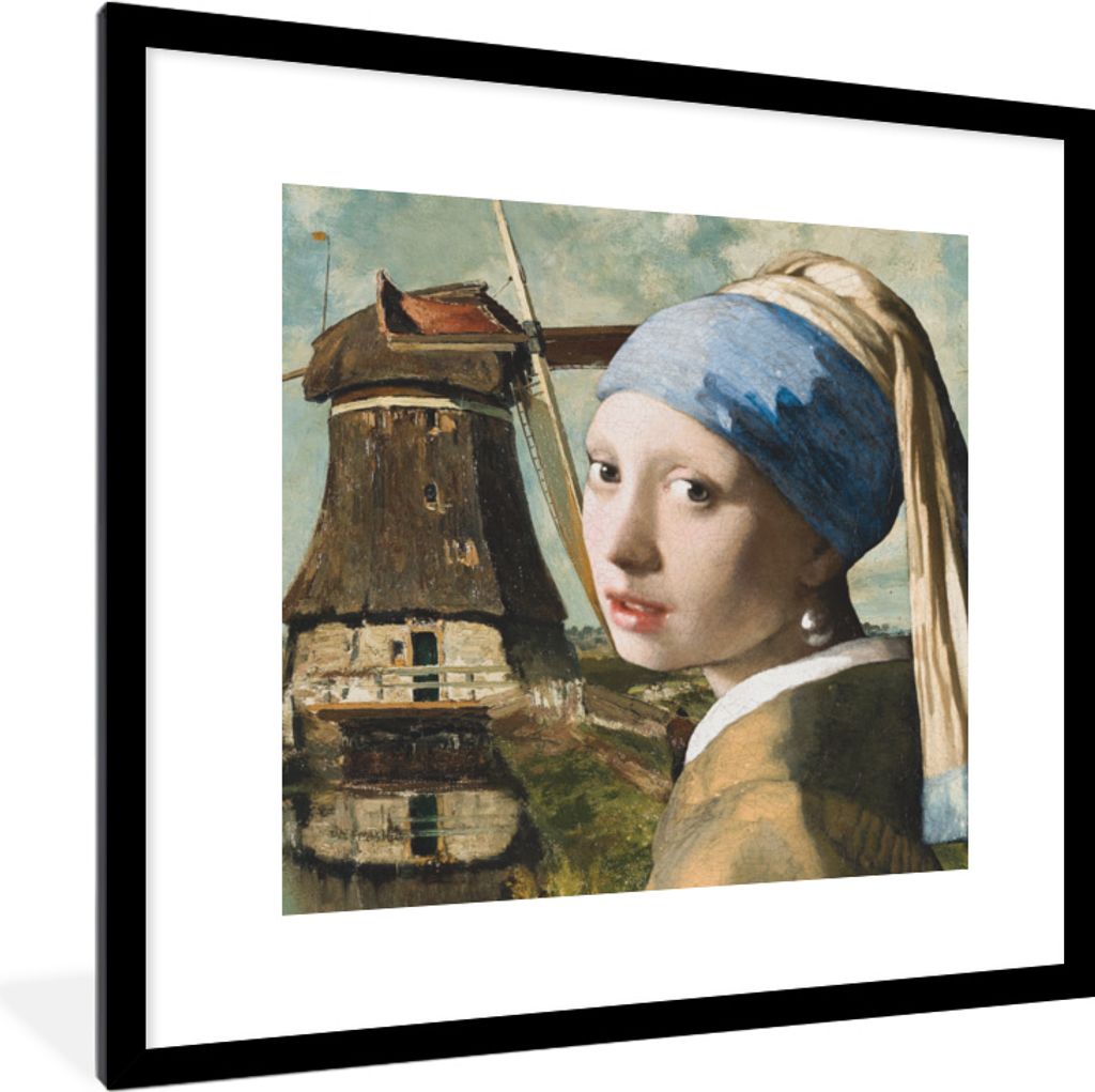 MuchoWow MuchoWow Gerahmtes Poster Das Mädchen mit dem Perlenohrring - Vermeer - Windmühle 40x40 cm - Poster mit zchwarzem Bilderrahmen - Pos...