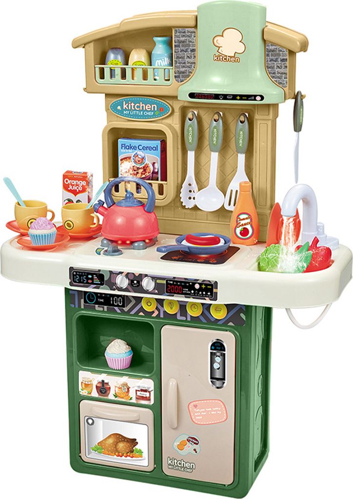 Aga4Kids Plastik-Kinderküche mit zwei Induktionskochfeldern, aufklappbarem Kühlschrank, Regal und umfangreichem Zubehör