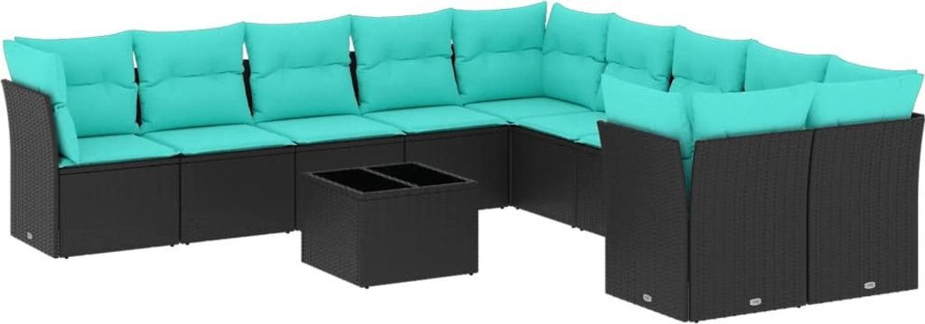 vidaXL 11-tlg. Garten-Sofagarnitur mit Kissen Schwarz Poly Rattan