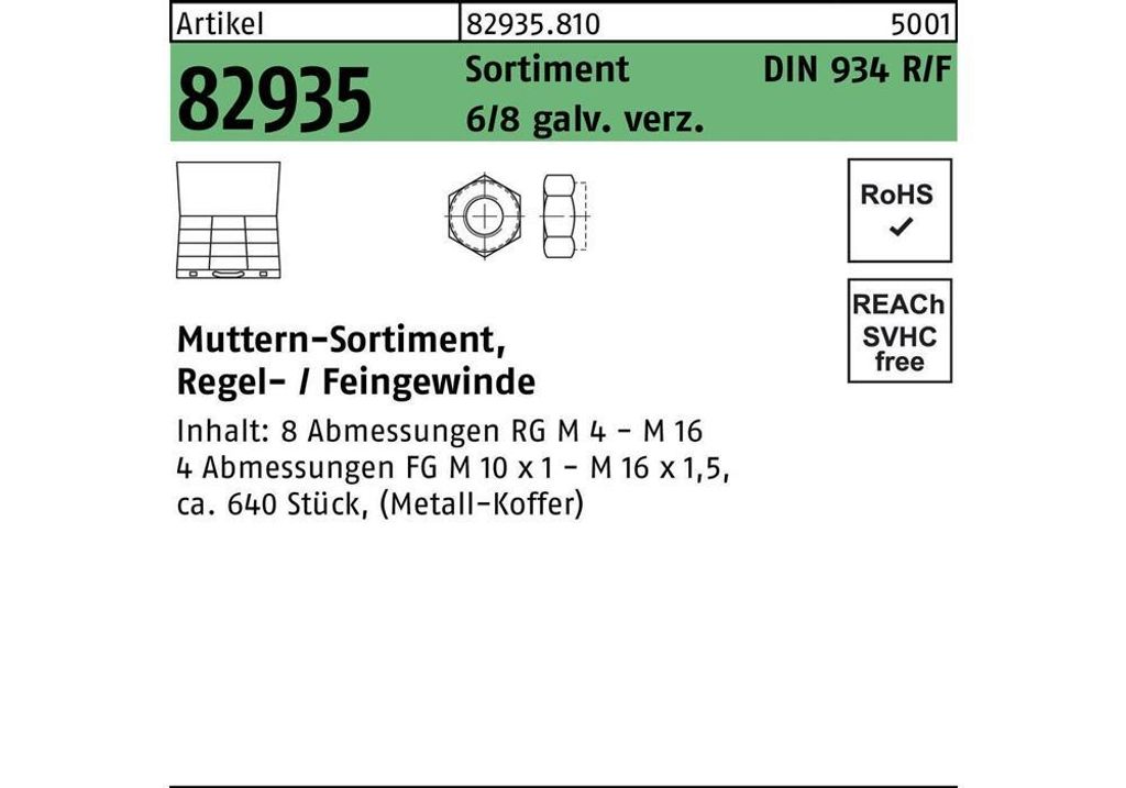 Muttersortiment DIN 934 640tlg. 8 galvanisch verzinkt