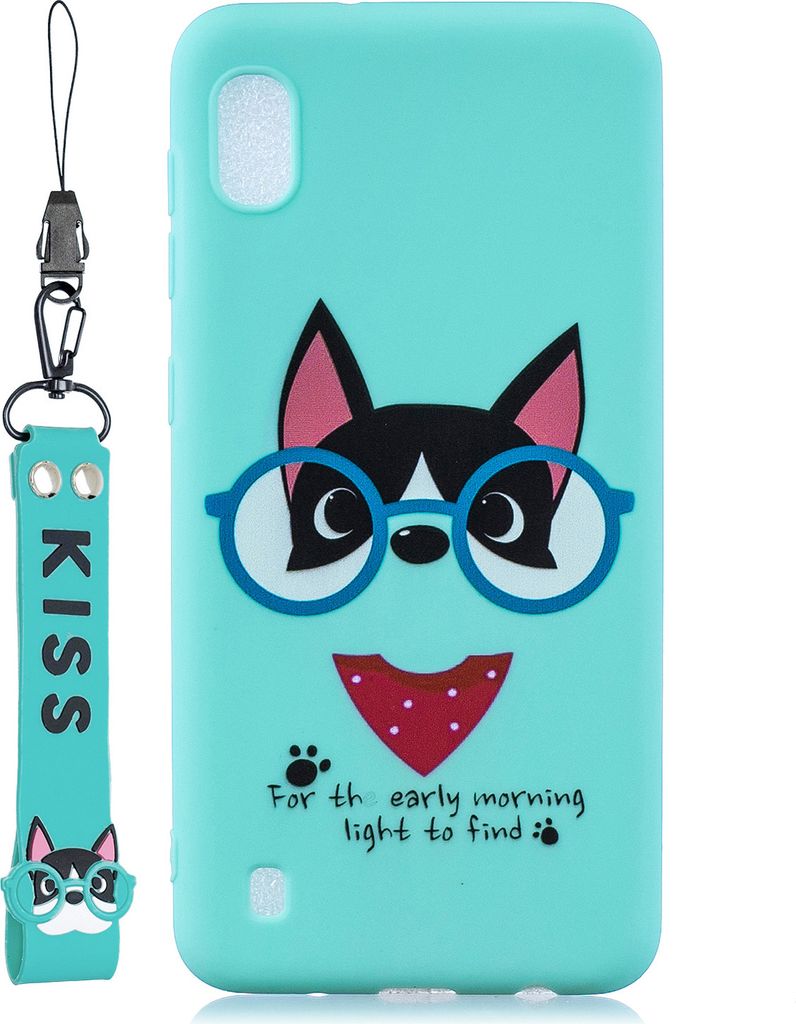 Für Samsung A10 Cartoon Lovely Coloured Painted Soft TPU Rückendeckung rutschfest Full Protective Case mit Lanyard Light blau