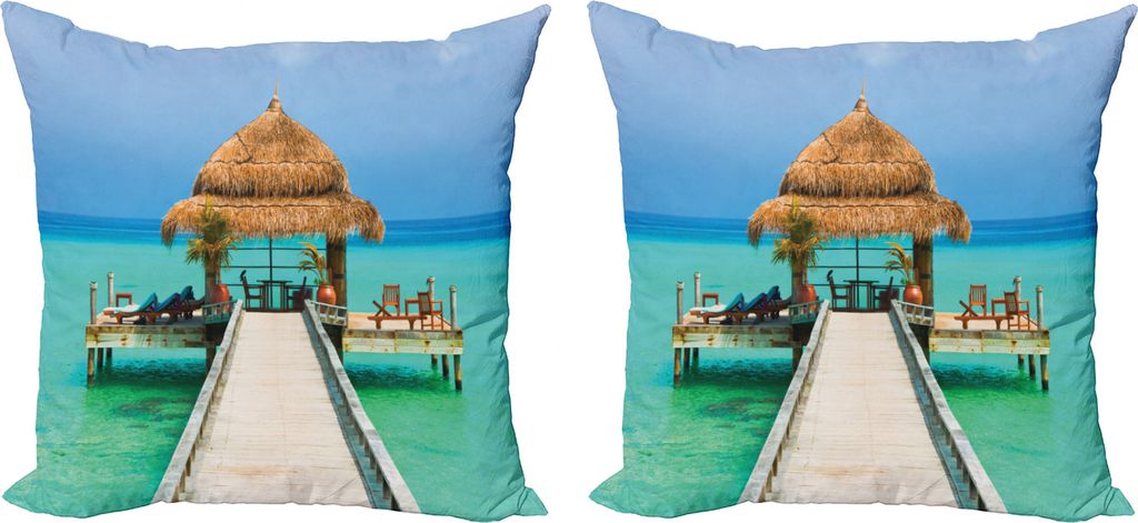 ABAKUHAUS Sommer Kissenbezug Set (2Stück), Malediven Strand Entspannung, doppelseitiges Digitaldruckdekor mit Reißverschluss, 50 cm, Blau und Grün