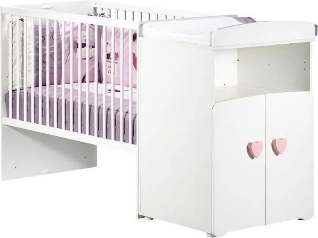 Lit Bébé Blanc 60x120 cm Modulable avec Détail Cœur Rose et Rangements - 3