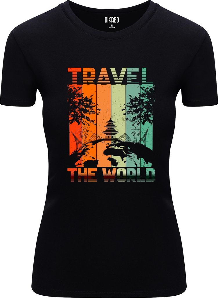 Diarbo Damen T-Shirt mit Naturliebhaber Druck Reise um die Welt Schwarz Gr.M