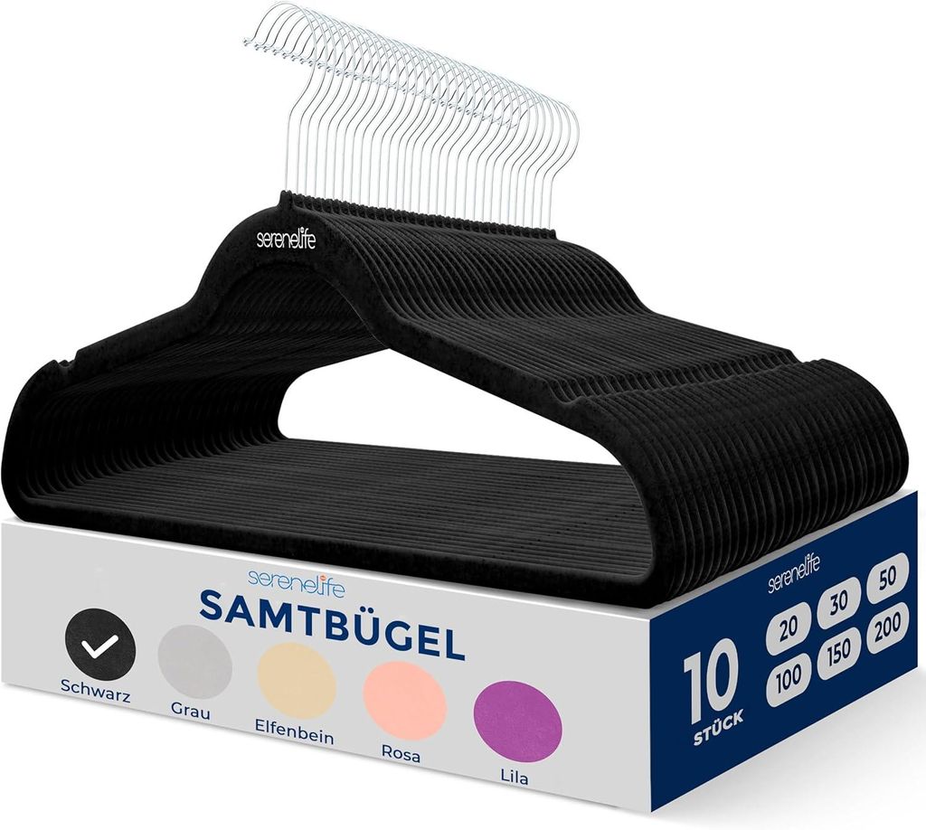 SereneLife Schwarze Kleiderbügel Samt 10 Stück, Kleiderhaken für Aufbewahrung & Organisation, Bügel rutschfest & Platzsparend, 360° drehbarer ...