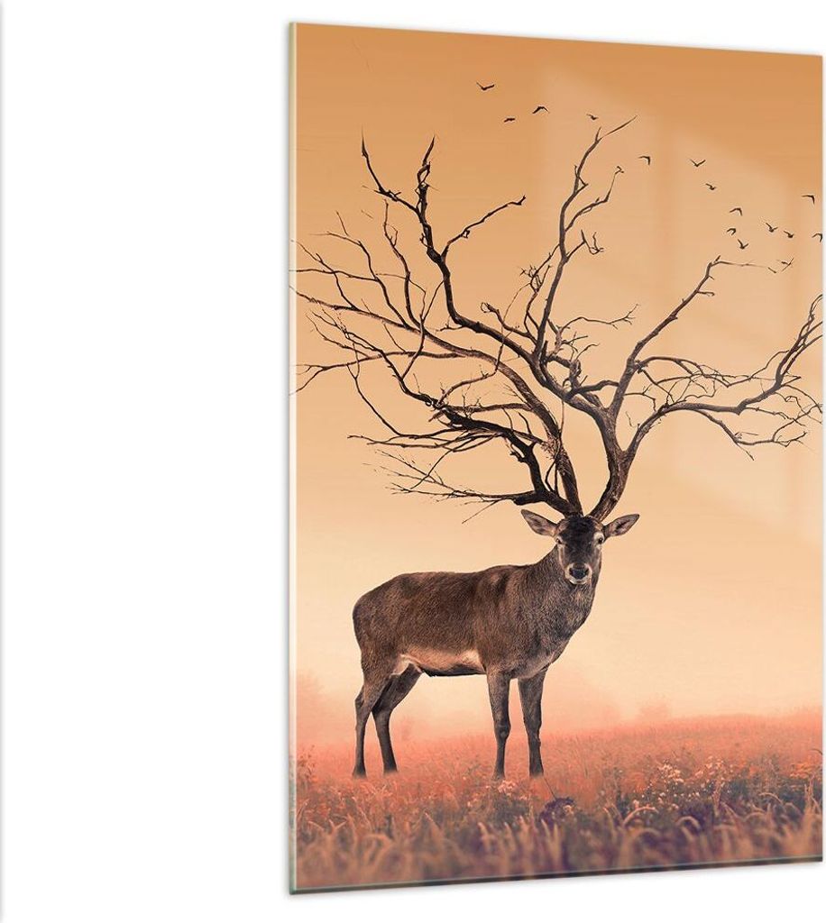 Bilder auf glas - Einteilig - Hirsch Baum Nebel Wald - 80x120cm - Glasbilder - Wandbilder - Bilder - zum Aufhängen bereit - Wanddekoration aus Gla...