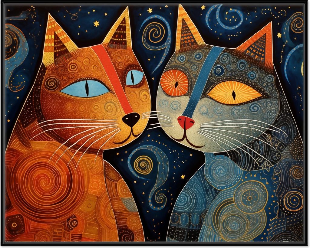 Wallario Wandbild Kosmische Katzenfreunde, Größe: 40,30 x 50,30 cm, Poster mit schwarzem Aluminiumrahmen