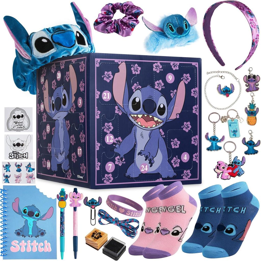 Disney Stitch Adventskalender 2025 – 24 kreative Überraschungen mit Schrein, Haarschmuck & Socken für Kinder & Jugendliche, lila Würfel Edition