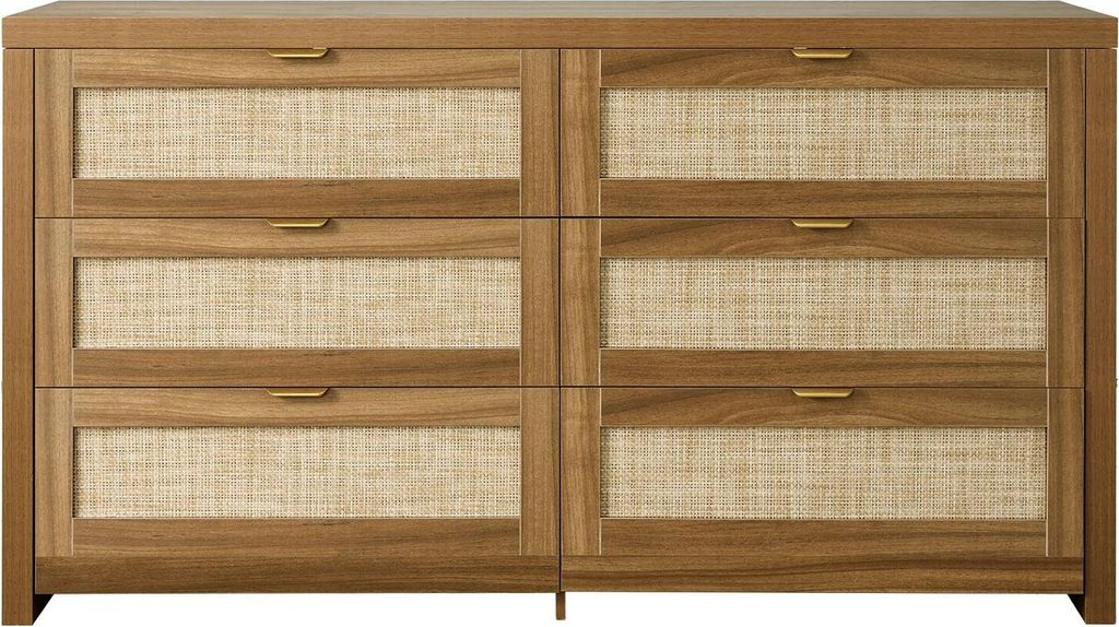 6-Schubladen-Kommode aus Rattan, Doppelkommode für das Schlafzimmer, Kommode aus Naturrattan mit Metallgriffen, moderne Holzkommode zur Aufbewahru...