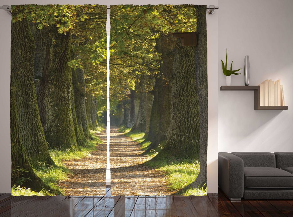 ABAKUHAUS Land Rustikaler Gardine, Alley mit Eichen, Schlafzimmer Kräuselband Vorhang mit Schlaufen und Haken, 280 x 175 cm, Dunkelgrün Hellbraun