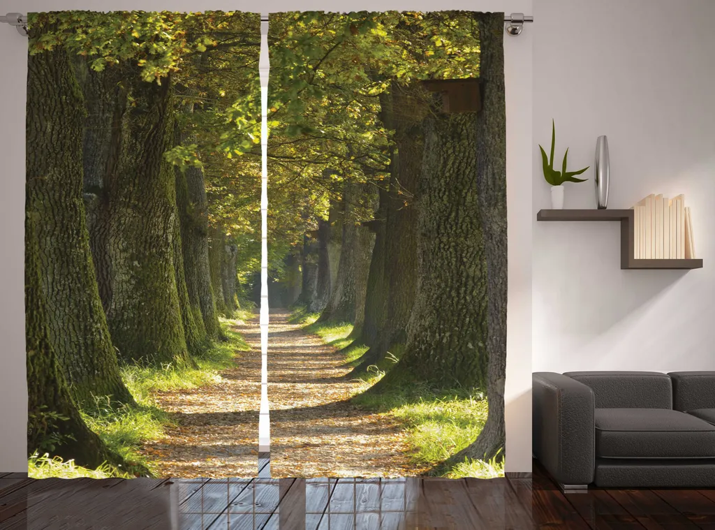 Rideau à ruban froncé motif chênes rustique 280 x 225 cm vert et brun