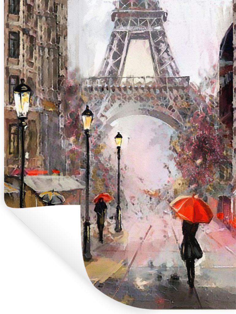 MuchoWow Wandtattoo Wandsticker Wandaufkleber Gemälde - Paris - Eiffelturm - Regenschirm - Ölgemälde 90x120 cm Selbstklebend und Repositionier...