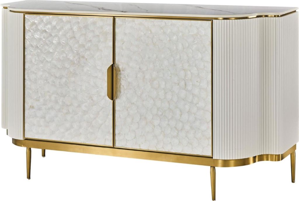 FURNLUX Anrichte Stilig Marmor Weiss Und Creme Weiss Und Gold 150cm / Hauptfarbe: Beige / Abmessungen: 150 x 88 x 40 cm