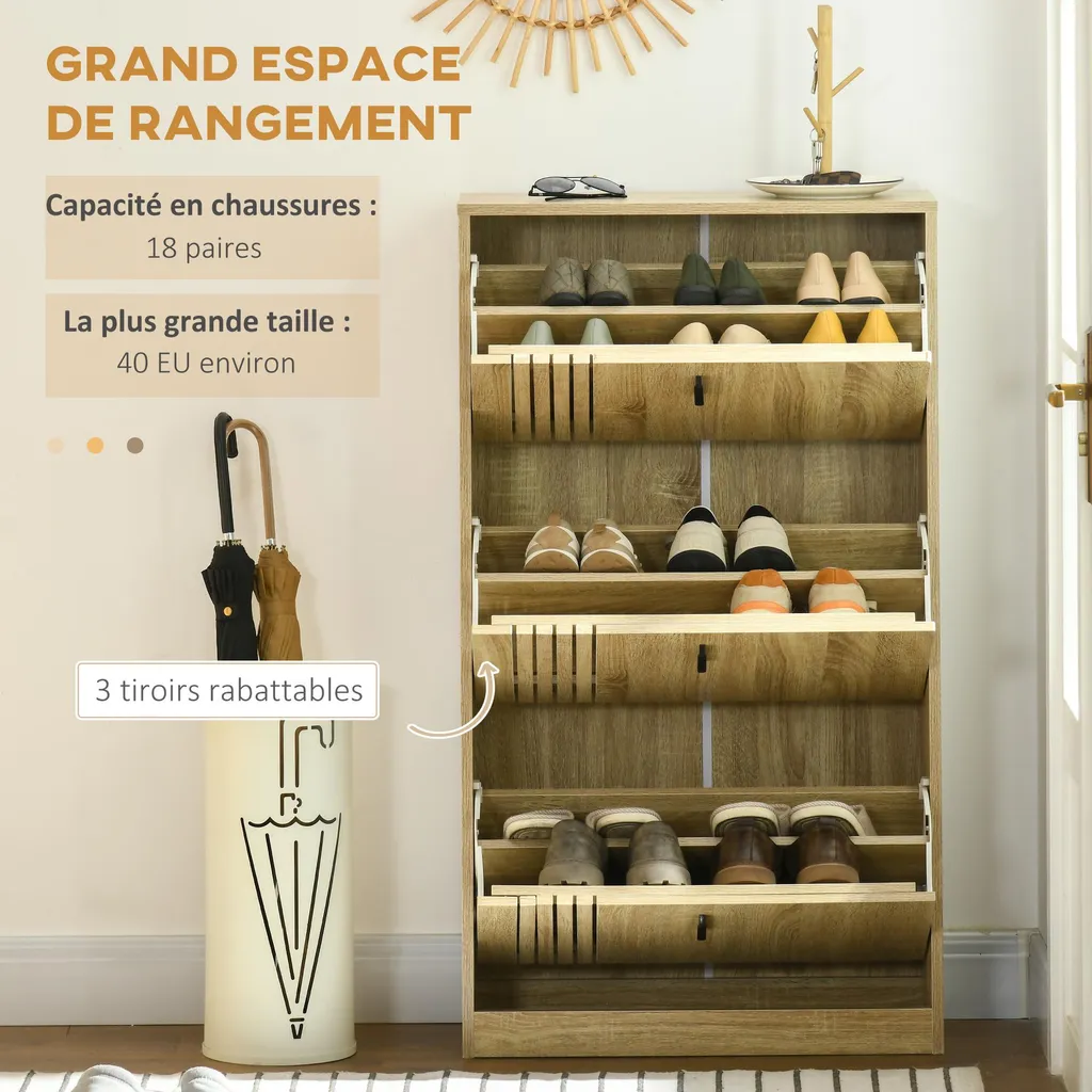 Meuble chaussures grande capacité 3 compartiments en bois de chêne